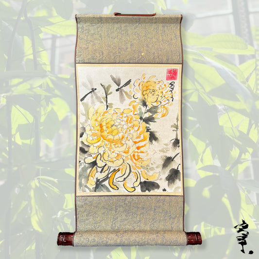 "Chrysanthemum & Dragonflies" Scroll on Rice Paper