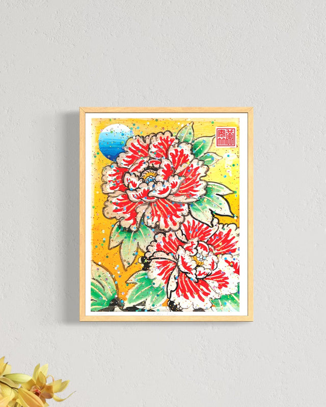 "Red Peonies & Moon" - Holographic Fine Art Print