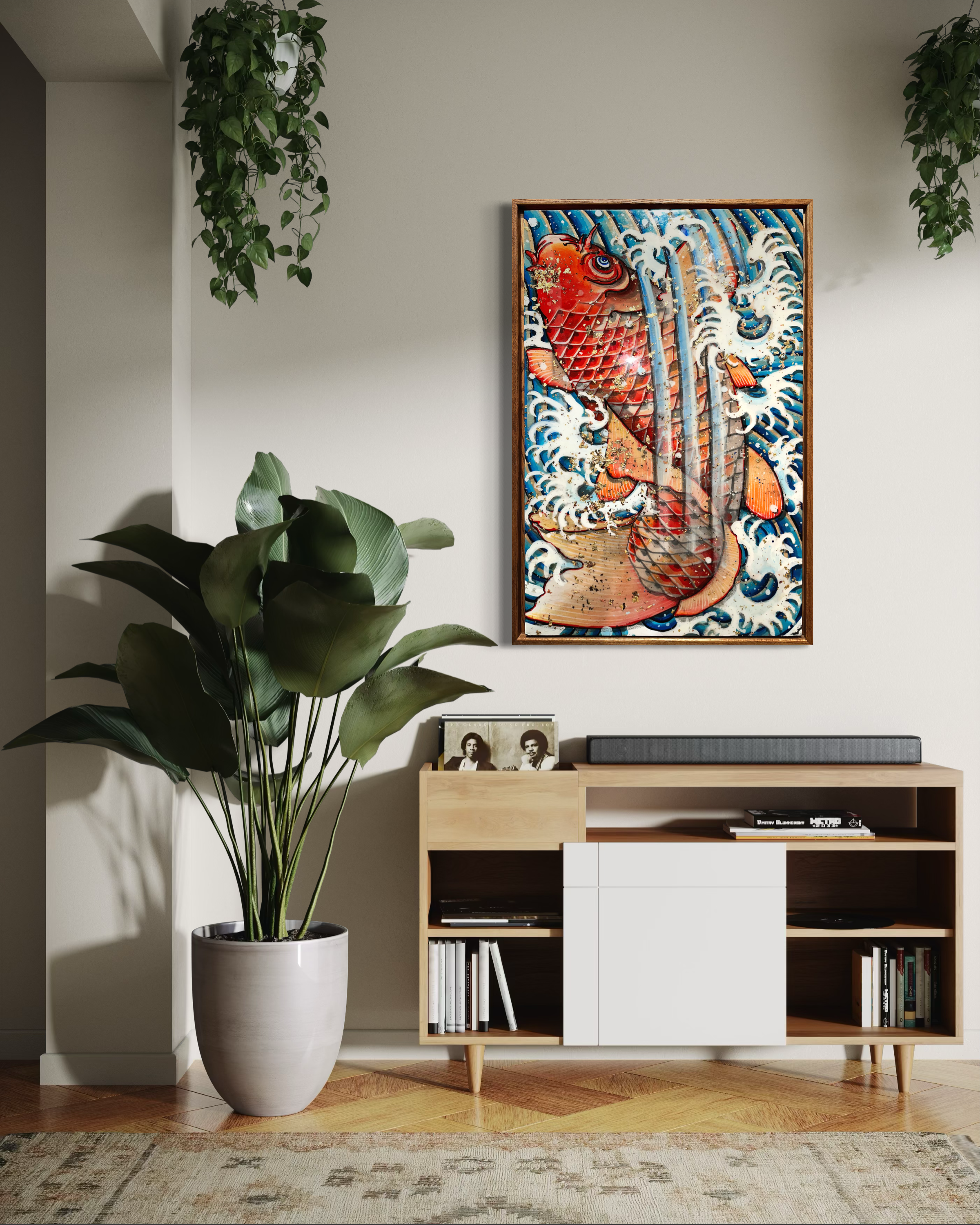 "Red Koi In A Waterfall" Original Painting