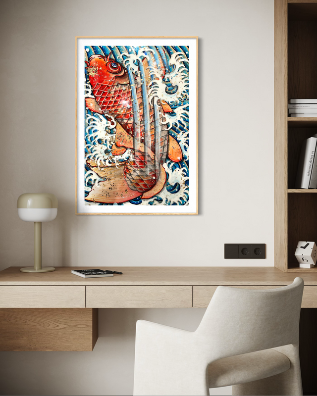 "Red Koi and Waterfall" - Holographic Fine Art Print