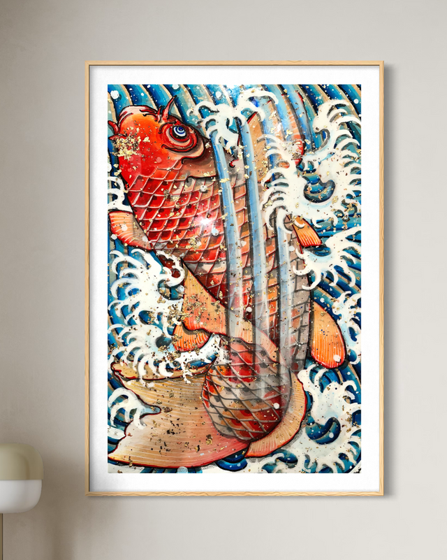 "Red Koi and Waterfall" - Holographic Fine Art Print
