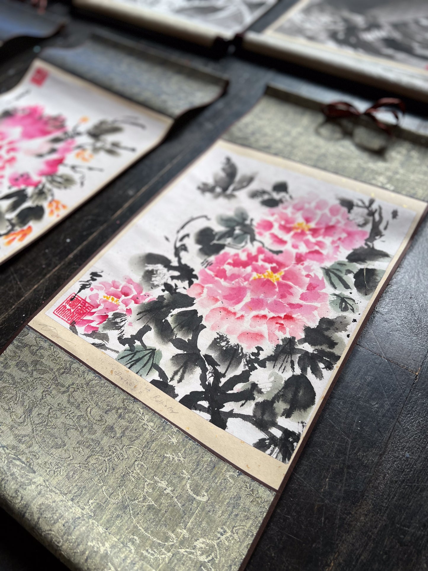 "Peonies & Butterfly" Scroll on Rice Paper